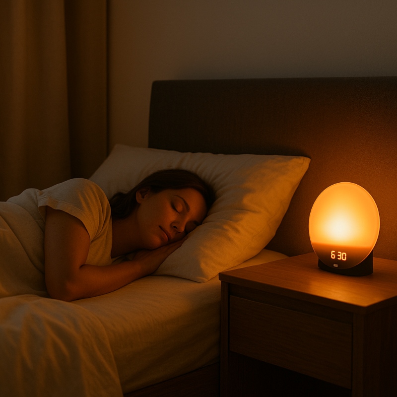 Bedroom setup with Low Loop Sunrise & Sunset Wake-Up Light on bedside table simulating natural sunrise for better sleep